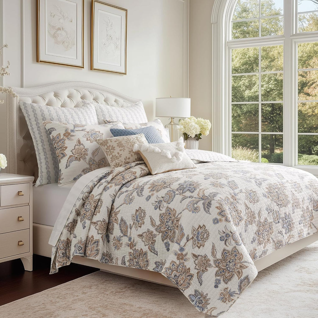 Levtex Home - Selesta Blue Quilt Set - King Quilt and Two King Shams - Floral - Blue Taupe Grey - Quilt (106x92in.) and Shams (20x36in.) - Reversible - Cotton