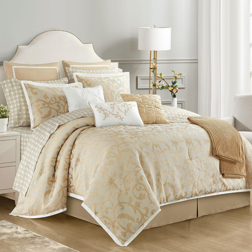 LANCO MODERN LIFESTYLE Taupe Queen Comforter Set, Classic Jacquard Floral 14 Pieces Bedding Set, Ultra Soft for All Seasons, Sheets, Bedskirt, Throw, Matching Shams and Decor Pillows