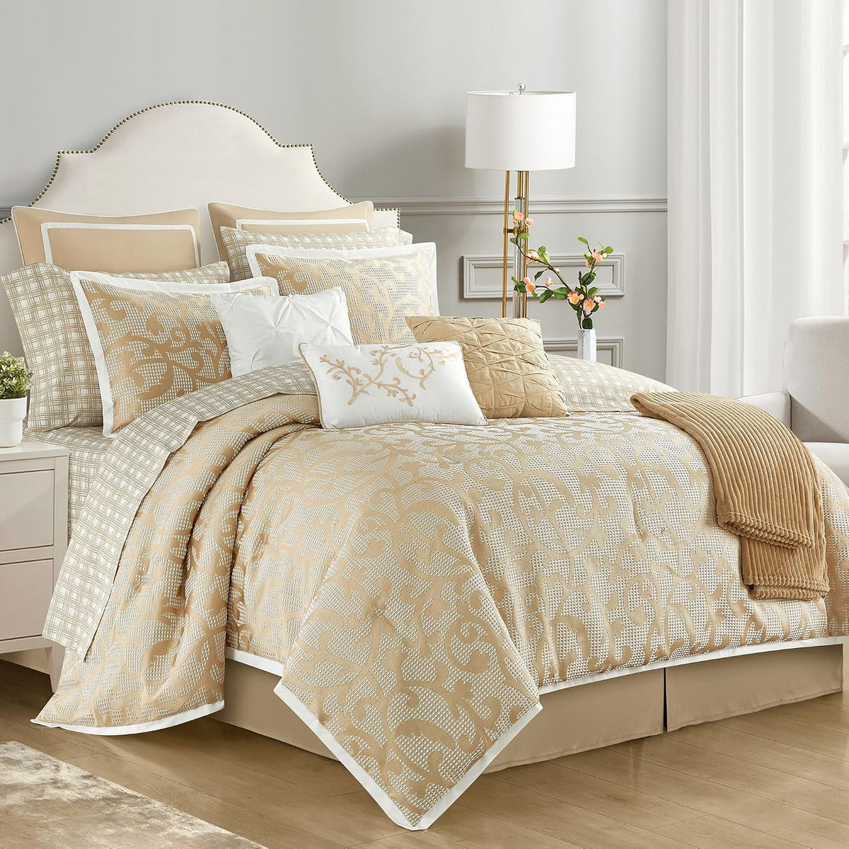 LANCO MODERN LIFESTYLE Taupe Queen Comforter Set, Classic Jacquard Floral 14 Pieces Bedding Set, Ultra Soft for All Seasons, Sheets, Bedskirt, Throw, Matching Shams and Decor Pillows