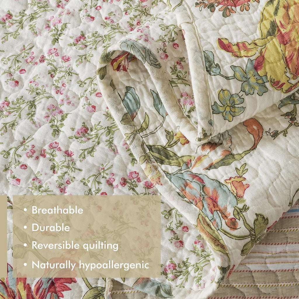 Etwel 100% Cotton Patchwork King Size Quilt Set - Lightweight Breathable Reversible Bedspread for Hot Sleepers, Farmhouse Floral Bedding Set with 2 Pillow Shams for All Season (106'x94', Beige Floral)