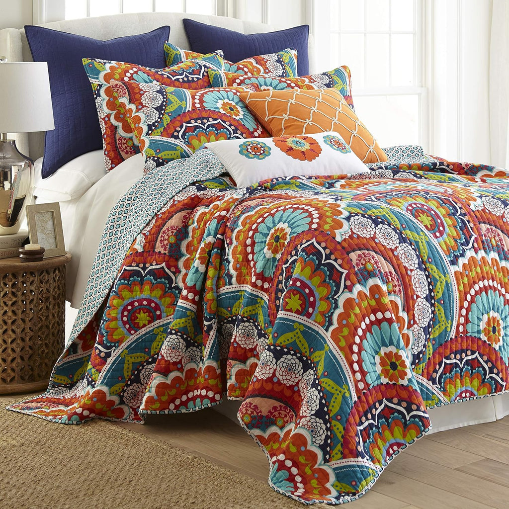 Levtex Home - Serendipity Quilt Set - King Quilt + Two King Pillow Shams - Boho Floral in Orange Teal Red Blue - Quilt Size (106x92in.) and Pillow Sham Size (36x20in.) - Reversible - Cotton