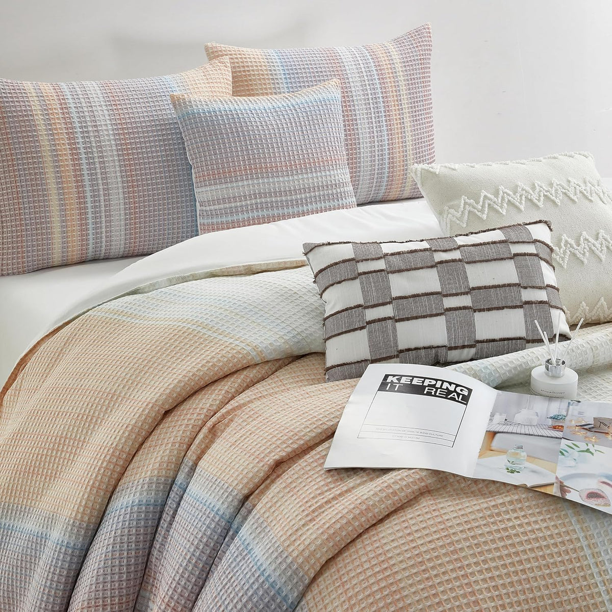 Grand Avenue Pink Waffle Jacquard Comforter Set King Size, 7 Piece Striped Bedding Set, All Season Home Decor, Matching Pillow Shams, Bedskirt, Decorative Pillows