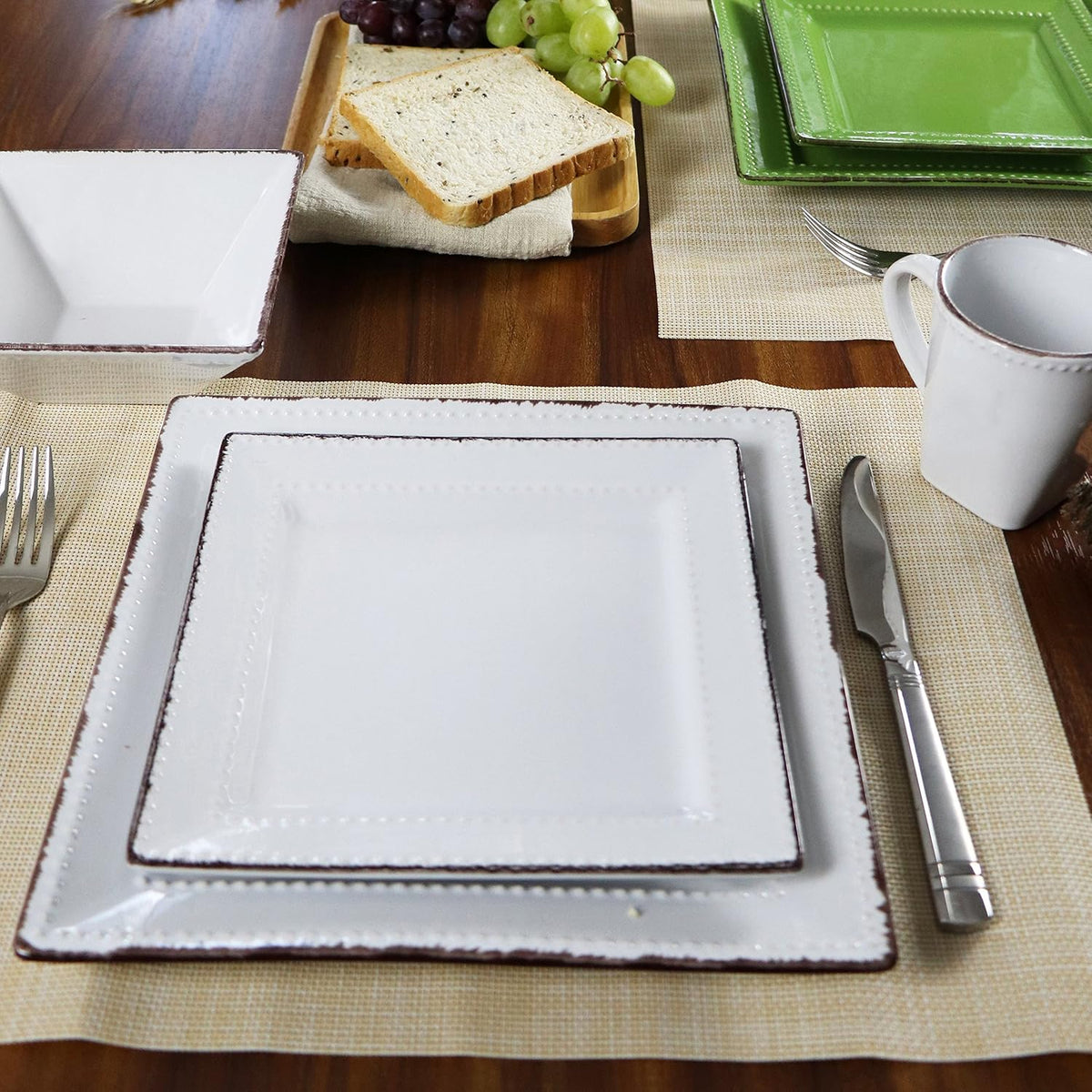 Stylish and Elegant 16 Piece Square Beaded Stoneware Dinnerware set Service for Hosting Parties and Events - White, 16 Piece, Square Beaded