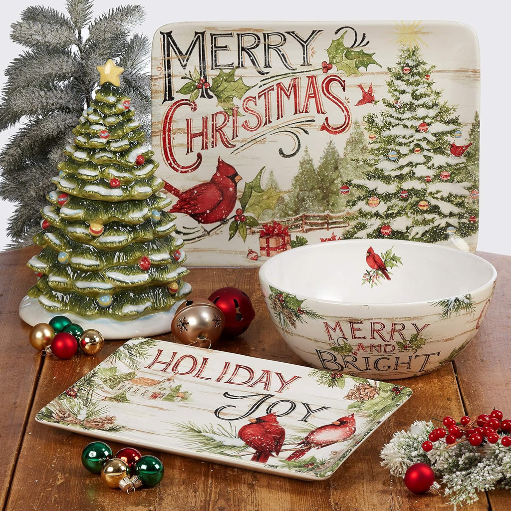 Evergreen Christmas 16-Piece Dinnerware Set – Ceramic Holiday Plates, Bowls & Mugs with Cardinal & Script Design – Service for 4 – Festive Dining for Christmas Gatherings