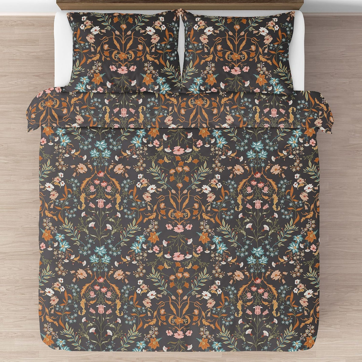 Sweet Jojo Designs Boho Wildflower Vintage Floral Girl Queen Comforter Set Full Size Bedding Teen Adult Bed Room 3p Black Orange Bohemian Farmhouse Flower Leaves Paisley Botanical Cottagecore Rustic