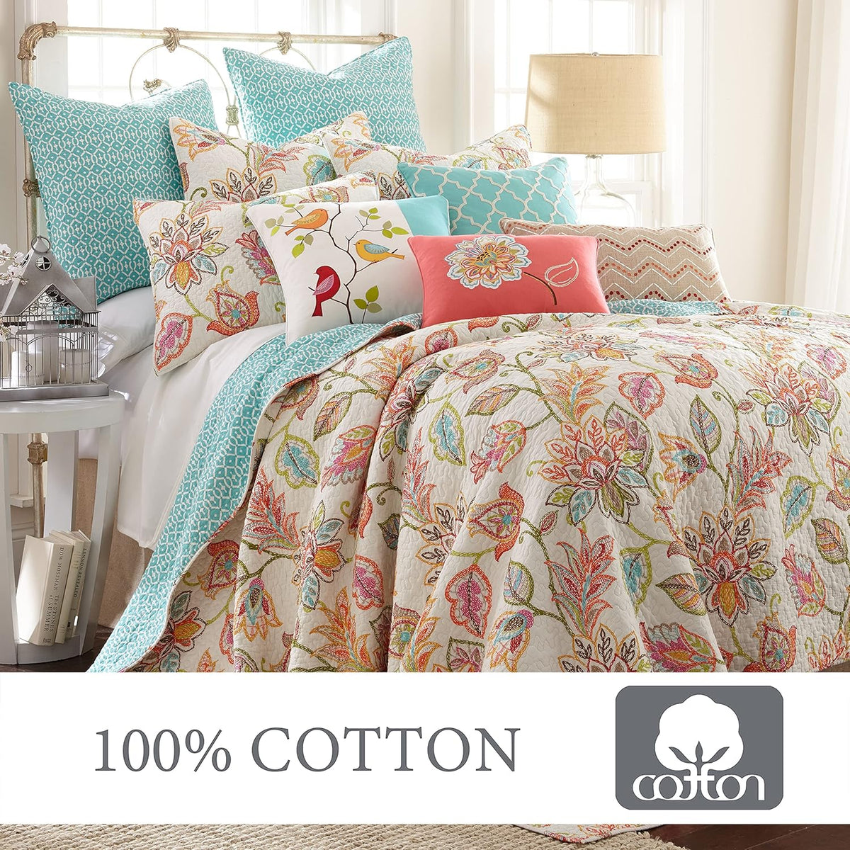Levtex Home - Sophia Quilt Set - Twin/Twin XL Quilt 68x86in. + One Standard Pillow Sham 26x20in. - Floral - Orange, Yellow, Red, Green, Teal, and White - Reversible - Cotton Fabric
