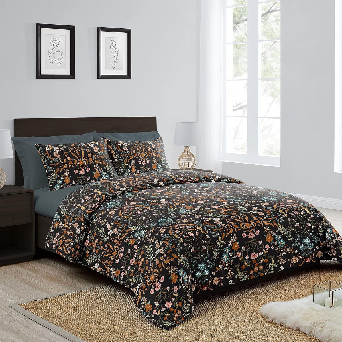 Sweet Jojo Designs Boho Wildflower Vintage Floral Girl Queen Comforter Set Full Size Bedding Teen Adult Bed Room 3p Black Orange Bohemian Farmhouse Flower Leaves Paisley Botanical Cottagecore Rustic