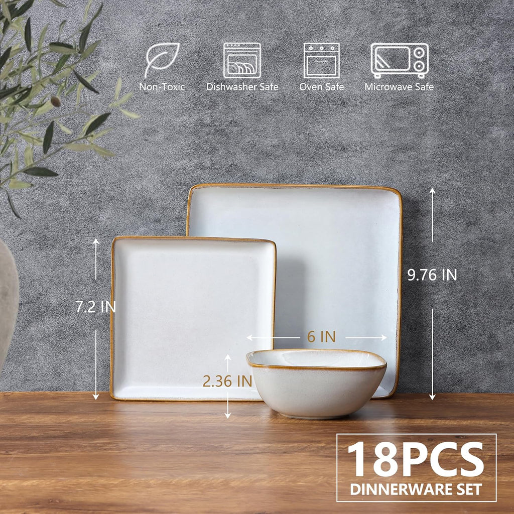 E-far Square plates and bowls Sets for 6, 18-Piece Reactive Glaze Stoneware Dinnerware Sets, Porcelain Dishware Sets for Kitchen Home, Microwave & Dishwasher Safe, Seashell White