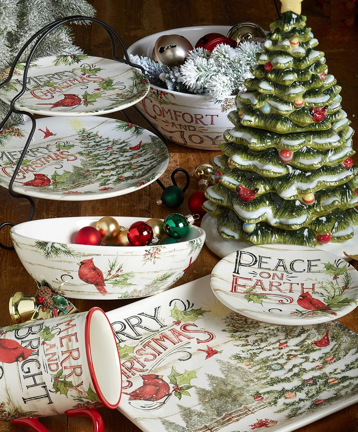 Evergreen Christmas 16-Piece Dinnerware Set – Ceramic Holiday Plates, Bowls & Mugs with Cardinal & Script Design – Service for 4 – Festive Dining for Christmas Gatherings