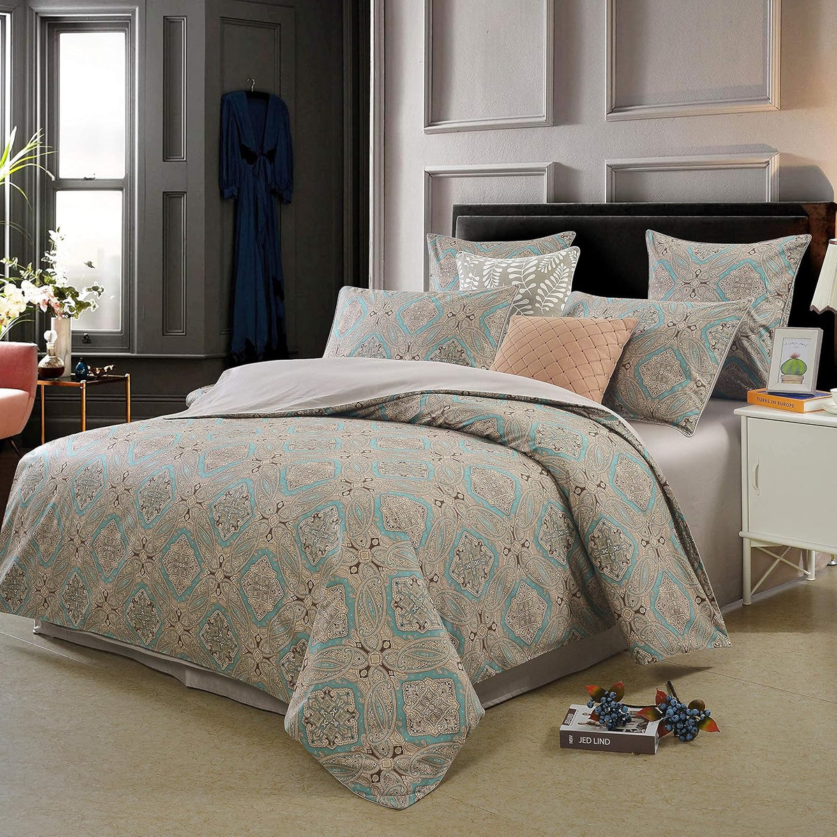 Brandream Luxury Hotel Classy Paisley Regal Themed Duvet Cover Set 100% Cotton Sateen, Inside Ties, Comfortable, Soft Durable, 3pc 800-Thread-Count Bedding Set with Button Closure Taupe King Size