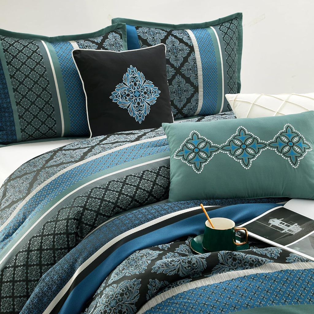 Grand Avenue Blue Geometric California King Comforter Set, 7 Piece, Jacquard All Season Premium Bedding Set, Matching Shams, Bedskirt, Decorative Pillows