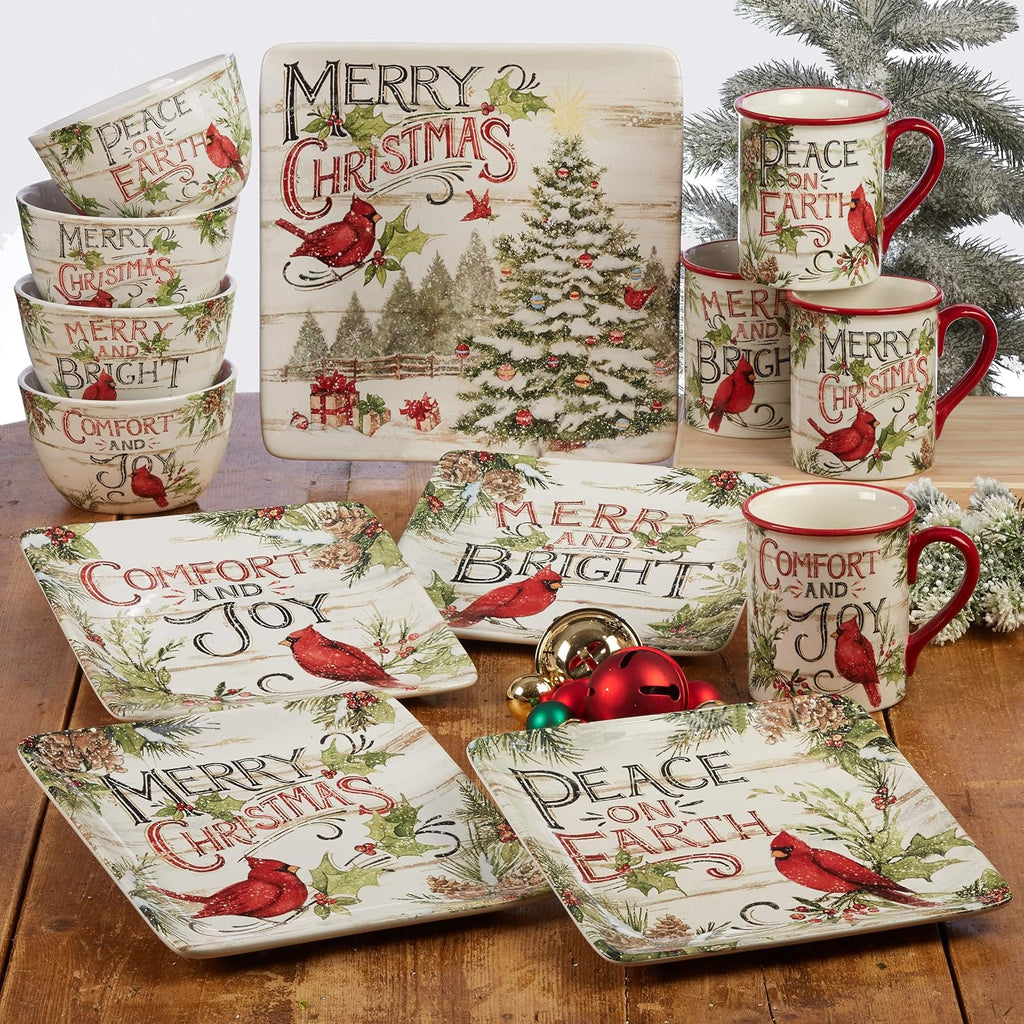 Evergreen Christmas 16-Piece Dinnerware Set – Ceramic Holiday Plates, Bowls & Mugs with Cardinal & Script Design – Service for 4 – Festive Dining for Christmas Gatherings