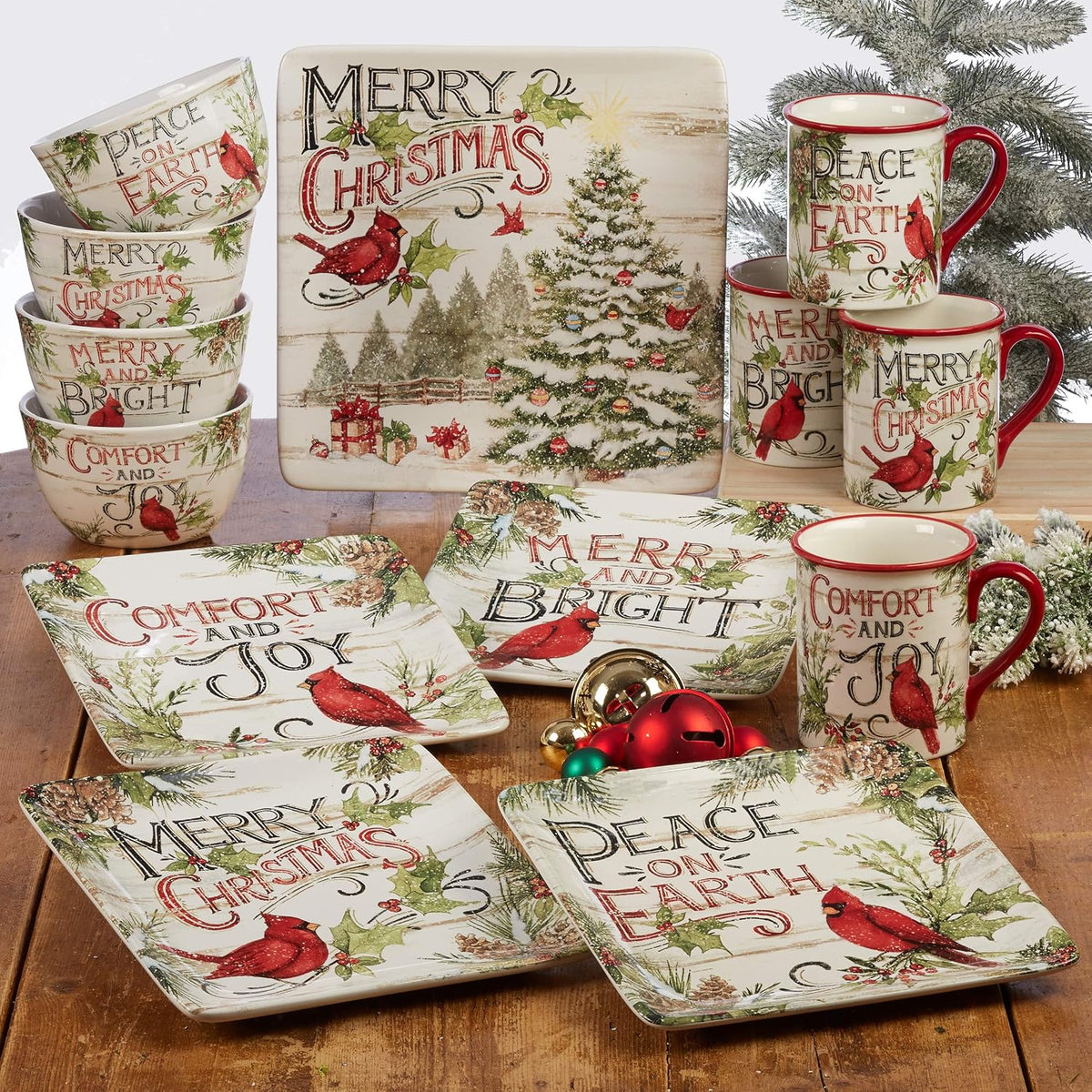 Evergreen Christmas 16-Piece Dinnerware Set – Ceramic Holiday Plates, Bowls & Mugs with Cardinal & Script Design – Service for 4 – Festive Dining for Christmas Gatherings