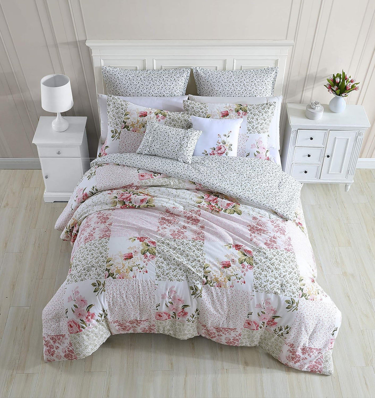 Laura Ashley - Queen Comforter Set, Reversible Cotton Bedding, Includes Matching Shams with Bonus Euro Shams & Throw Pillows (Ailyn Pink, Queen)