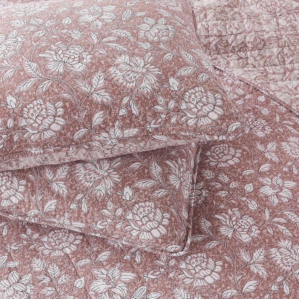 Lush Decor Zara Floral Block Reversible Cotton Quilt 3 Piece Set King/Cal King Terracotta - Floral Bedding Set - Block Print Quilt - Vintage Coquette Decor