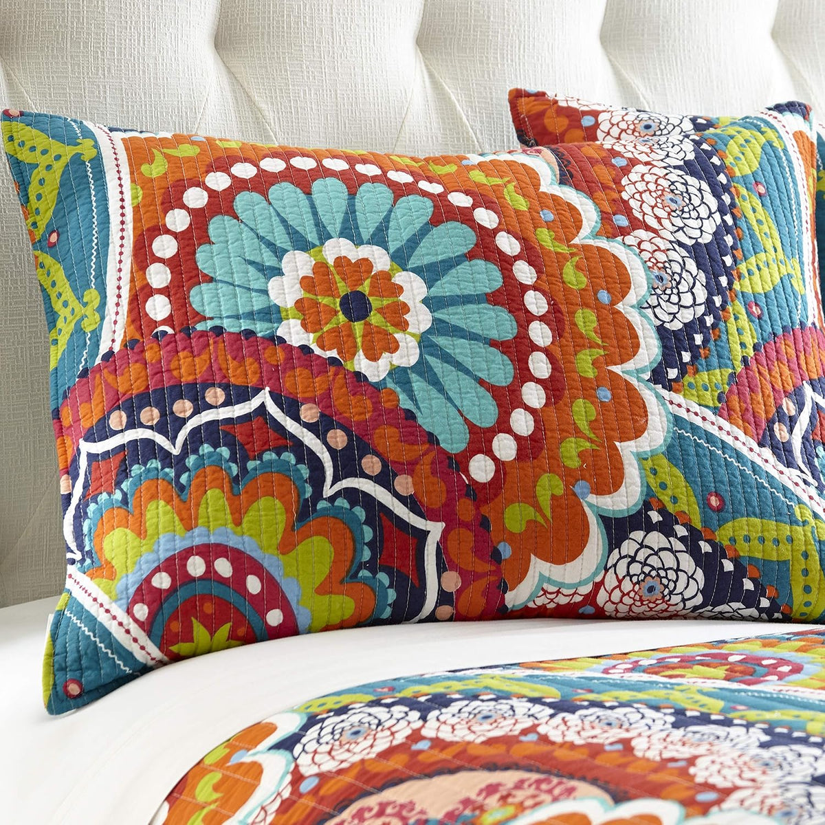 Levtex Home - Serendipity Quilt Set -Twin Quilt + One Standard Pillow Sham - Boho Floral in Orange Teal Red Blue - Quilt Size (68x86in.) and Pillow Sham Size (26x20in.) - Reversible - Cotton