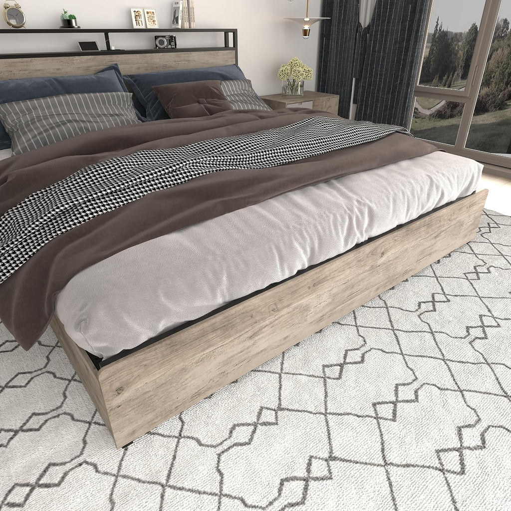 King Bed Frame with 4 Storage Drawers,Storage Headboard with Charging Station, Solid and Stable, Noise Free, No Box Spring Needed, Easy Assembly,Gray(King)