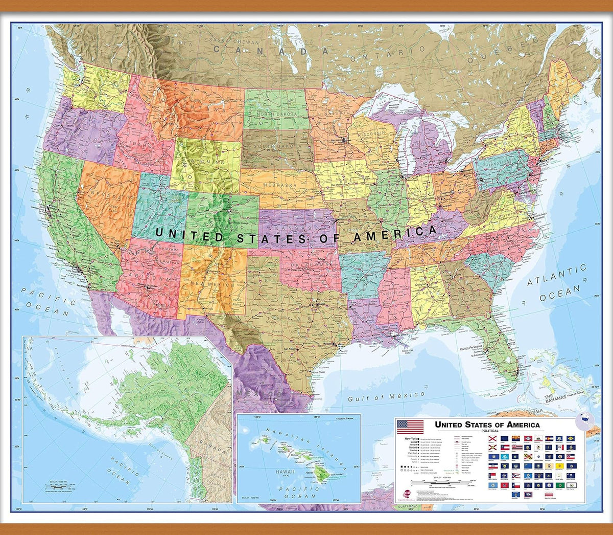 Maps International Large Political USA Wall Map - Laminated with Wooden Hanging Bars - 39 x 47