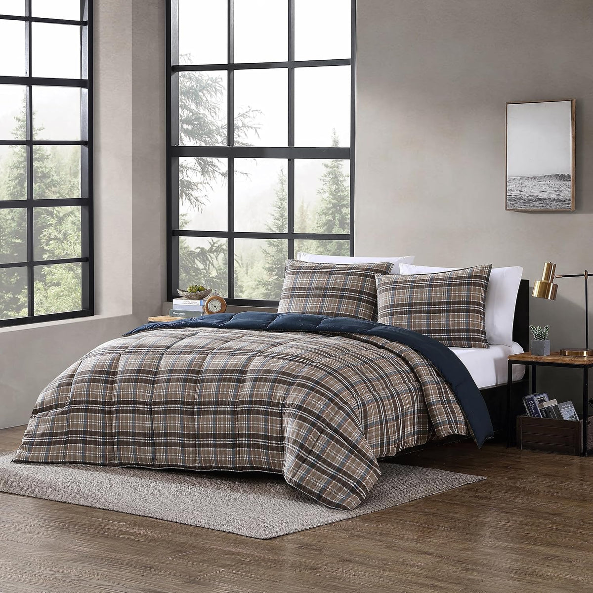 Eddie Bauer- Twin Comforter Set, Reversible Microsuede Bedding with Matching Sham(s), Casual Luxurious Bedding Set (Rugged Plaid Brown, Twin)