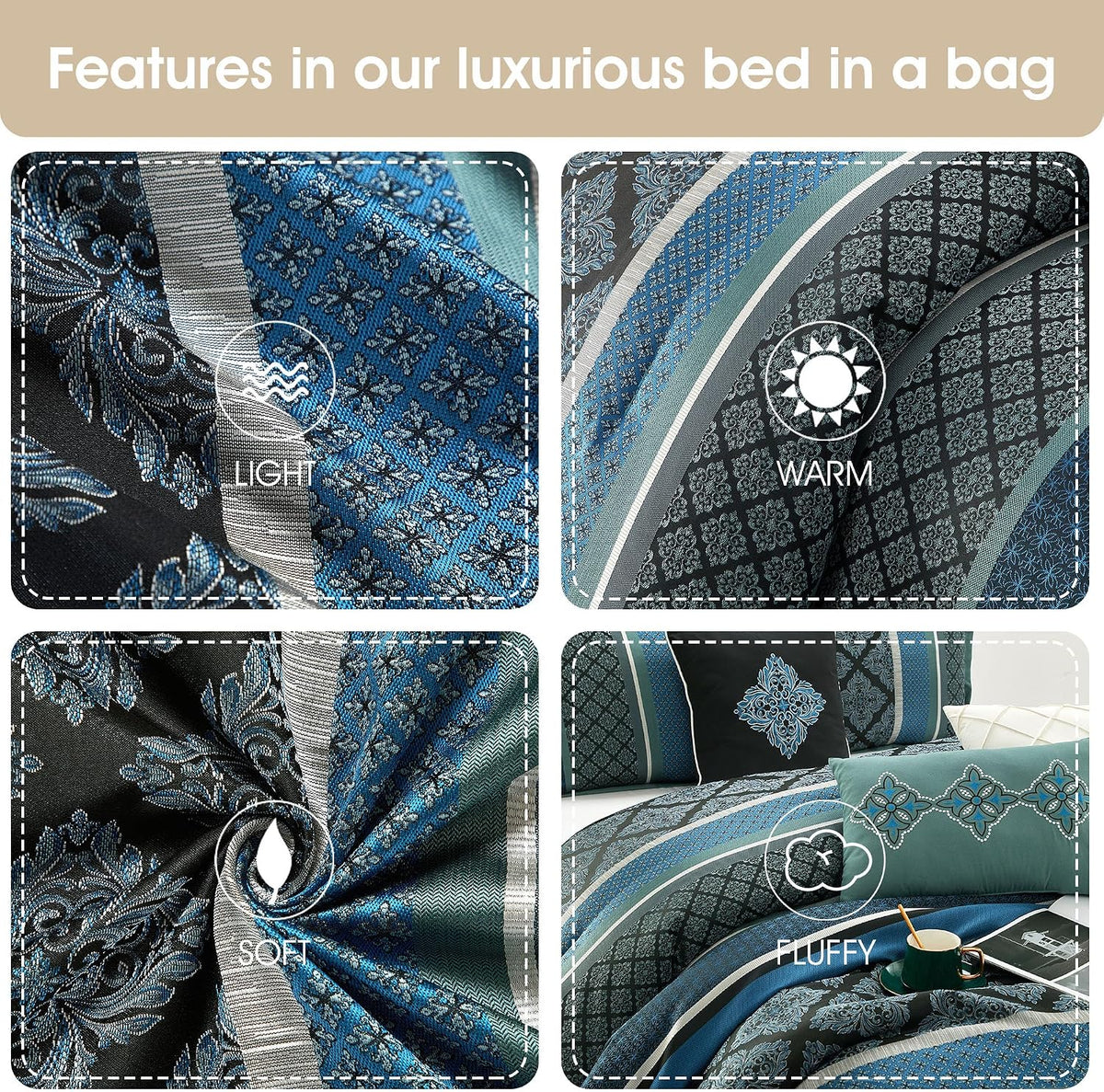 Grand Avenue Blue Geometric California King Comforter Set, 7 Piece, Jacquard All Season Premium Bedding Set, Matching Shams, Bedskirt, Decorative Pillows