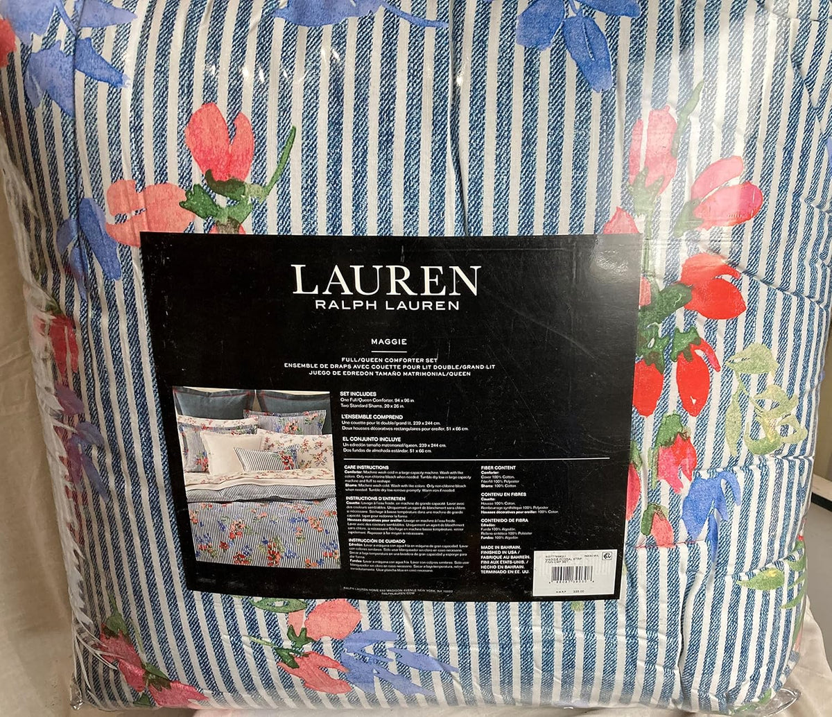 Lauren Ralph Lauren Maggie Floral Stripe Full Queen 3 pc Comforter Set Shams Blue Pink White