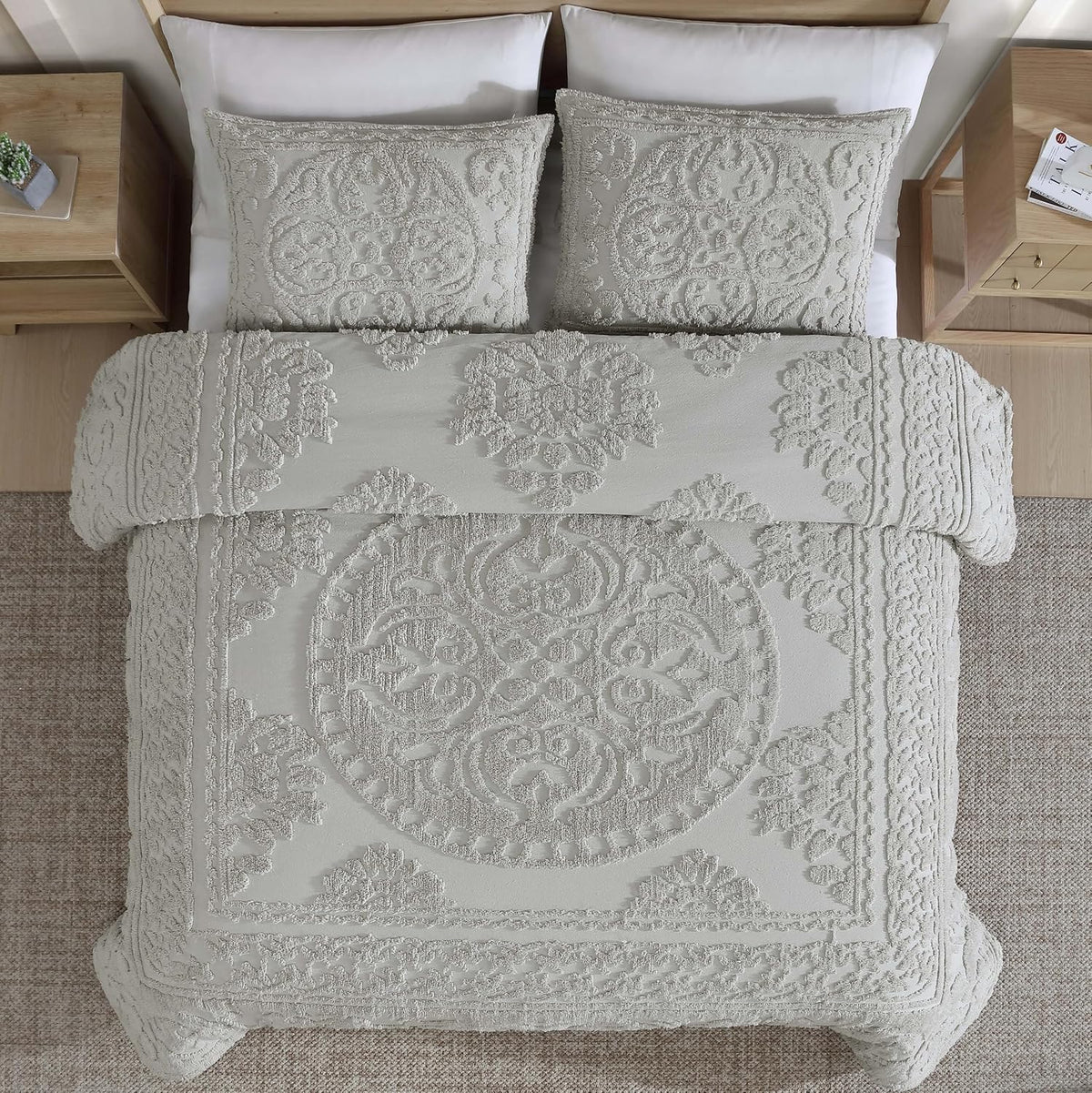 Beatrice Home Fashions Medallion Tufted Chenille Comforter 3-Piece Set, Cotton, All Season Cozy Bedding, Queen, Gray