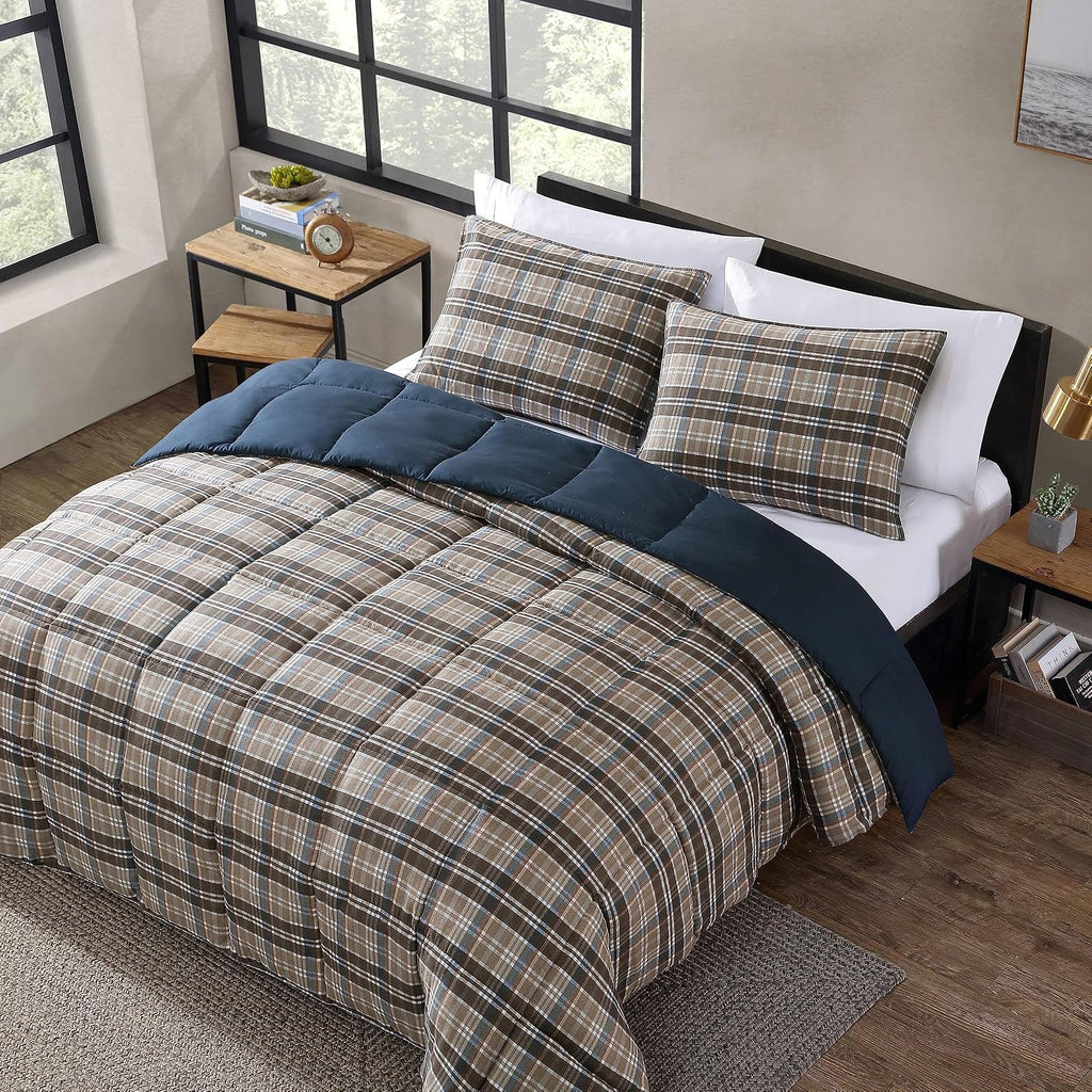 Eddie Bauer- Twin Comforter Set, Reversible Microsuede Bedding with Matching Sham(s), Casual Luxurious Bedding Set (Rugged Plaid Brown, Twin)