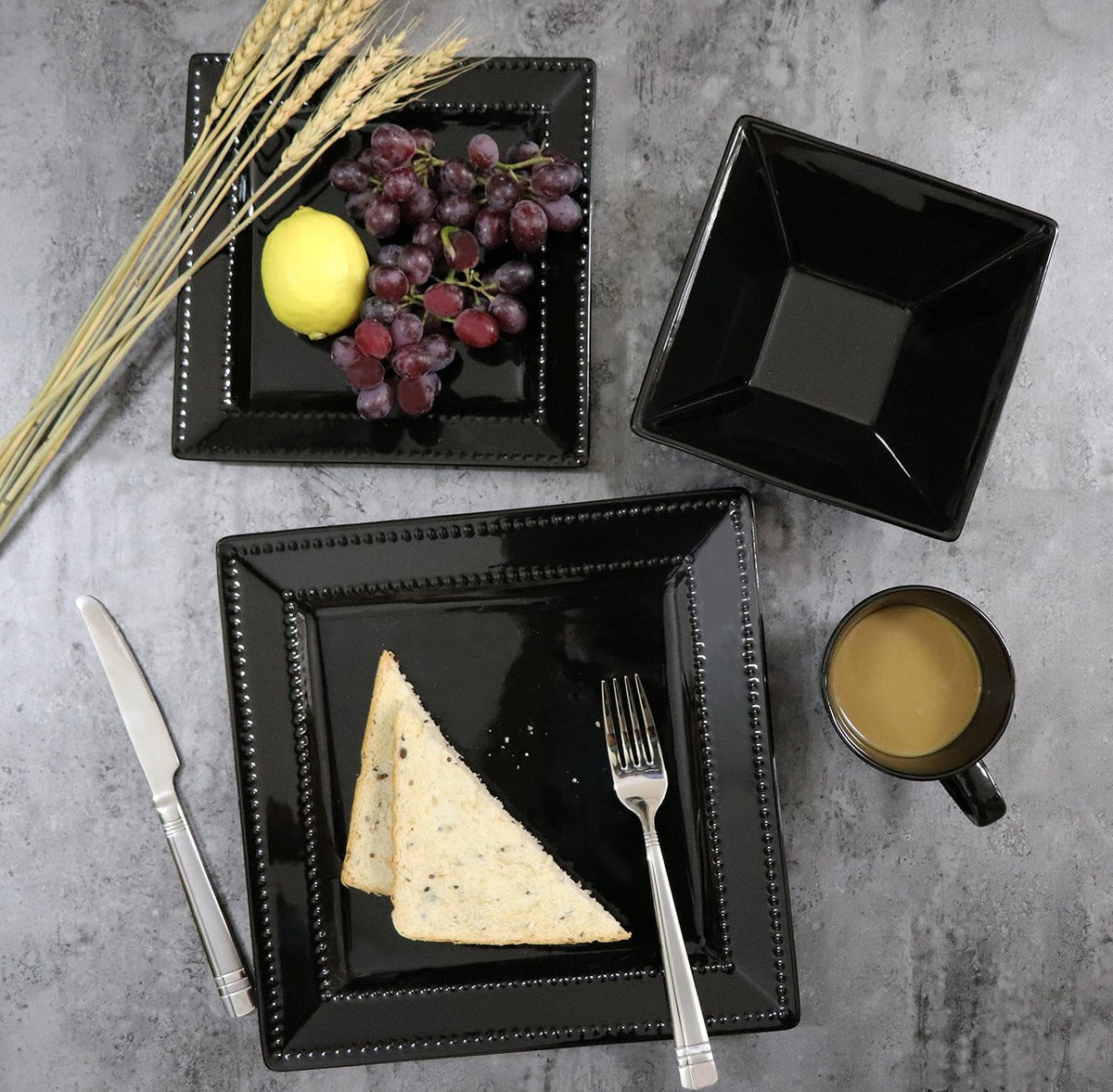 Stylish and Elegant 16 Piece Square Beaded Stoneware Dinnerware set Service for Hosting Parties and Events - Black, 16 Piece, Square Beaded