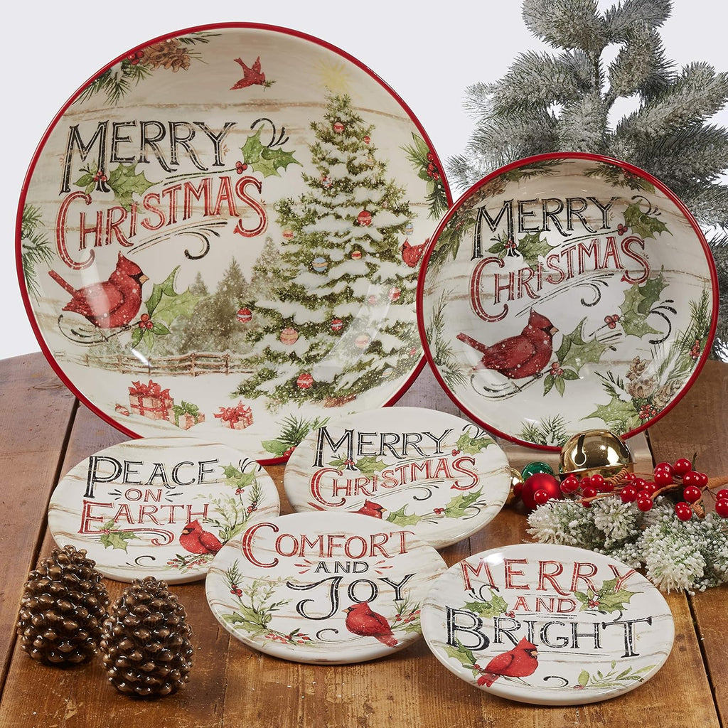 Evergreen Christmas 16-Piece Dinnerware Set – Ceramic Holiday Plates, Bowls & Mugs with Cardinal & Script Design – Service for 4 – Festive Dining for Christmas Gatherings