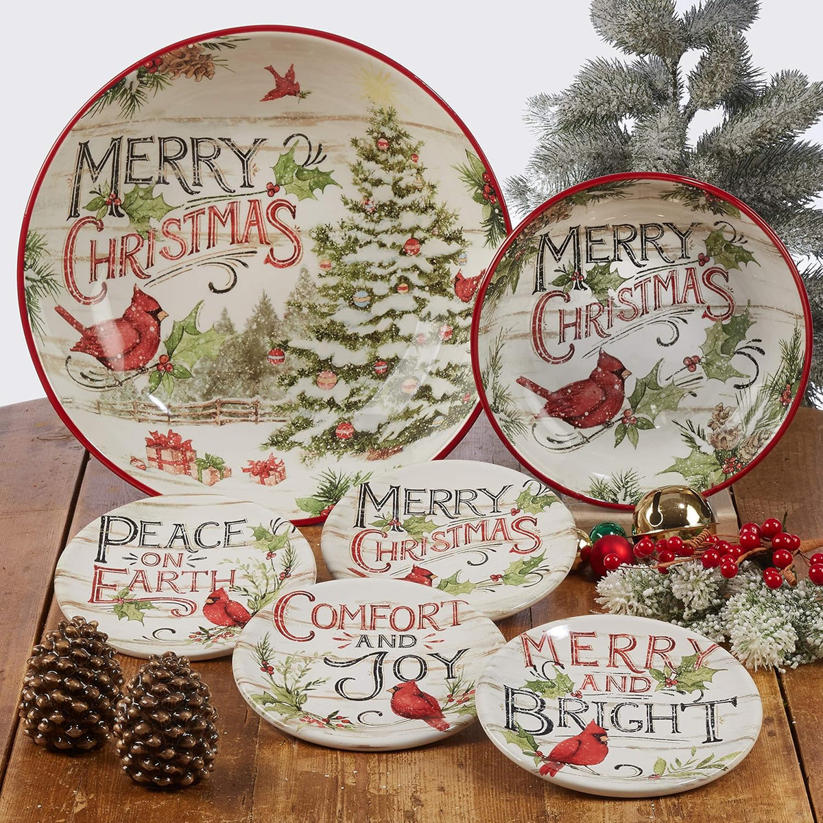 Evergreen Christmas 16-Piece Dinnerware Set – Ceramic Holiday Plates, Bowls & Mugs with Cardinal & Script Design – Service for 4 – Festive Dining for Christmas Gatherings