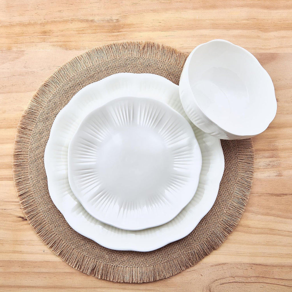 Mikasa Flora Scalloped Lightweight Chip Resistant Bone China 12 Piece Plate Bowl Dinnerware Set, Service for 4, White