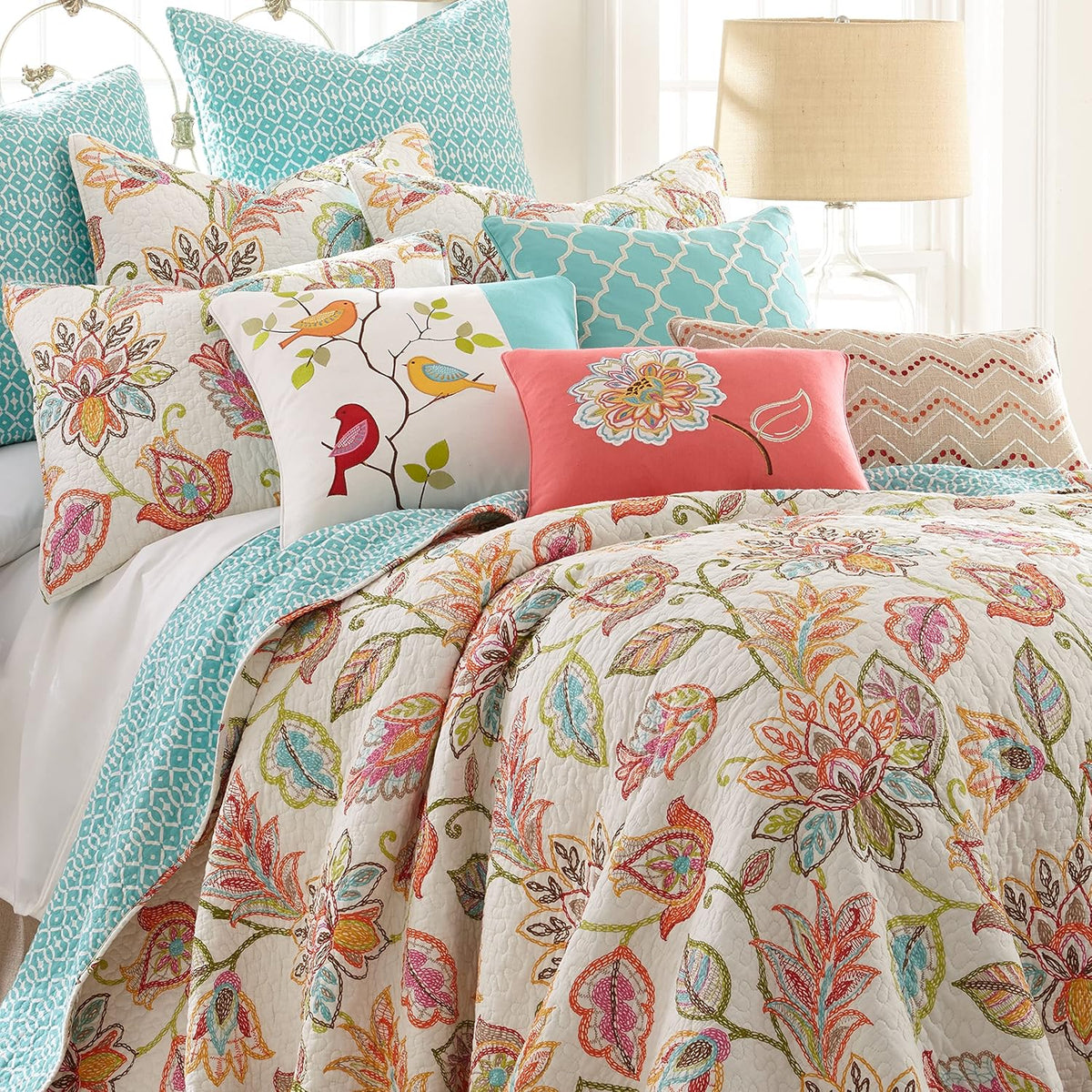 Levtex Home - Sophia Quilt Set - King/Cal King Quilt 106x92in. + Two King Pillow Shams 36x20in. - Floral - Orange, Yellow, Red, Green, Teal, and White - Reversible - Cotton Fabric