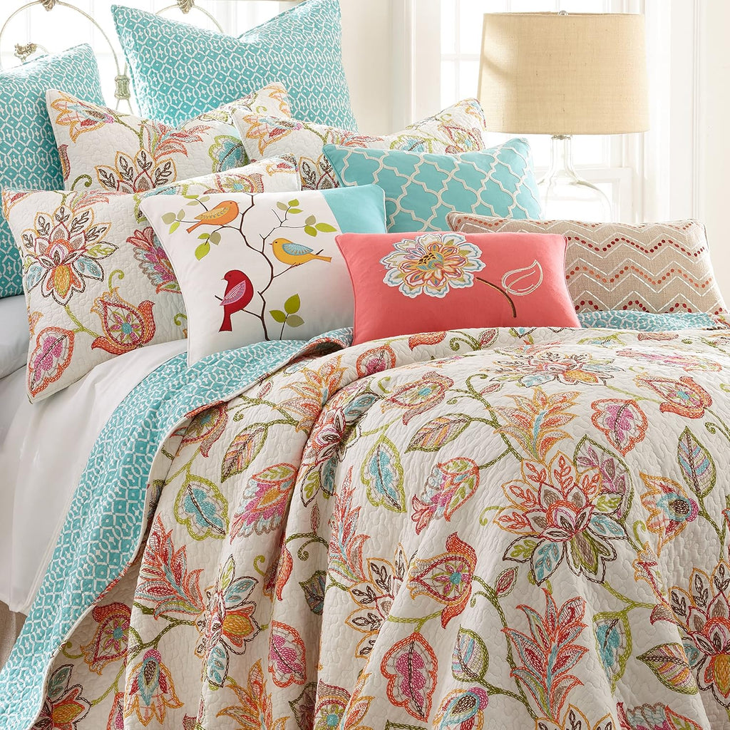 Levtex Home - Sophia Quilt Set - Twin/Twin XL Quilt 68x86in. + One Standard Pillow Sham 26x20in. - Floral - Orange, Yellow, Red, Green, Teal, and White - Reversible - Cotton Fabric
