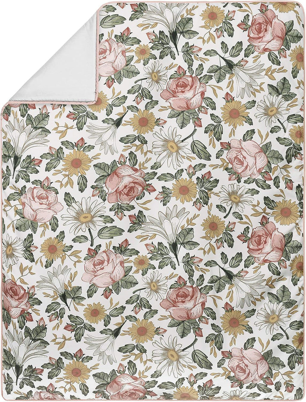 Sweet Jojo Designs Vintage Floral Boho Baby Girl Nursery Crib Bedding Set - 11 Pieces - Blush Pink, Yellow, Green and White Shabby Chic Rose Flower Farmhouse