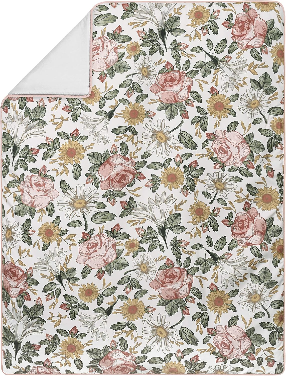 Sweet Jojo Designs Vintage Floral Boho Baby Girl Nursery Crib Bedding Set - 11 Pieces - Blush Pink, Yellow, Green and White Shabby Chic Rose Flower Farmhouse
