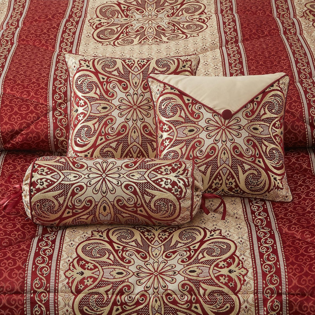 LANCO MODERN LIFESTYLE Queen Comforter Set, Wine Gold Medallion Jacquard Design, Luxurious Bohemian 9 Pieces Bedding Set with Curtains, Decorative Pillows and Bed Skirt