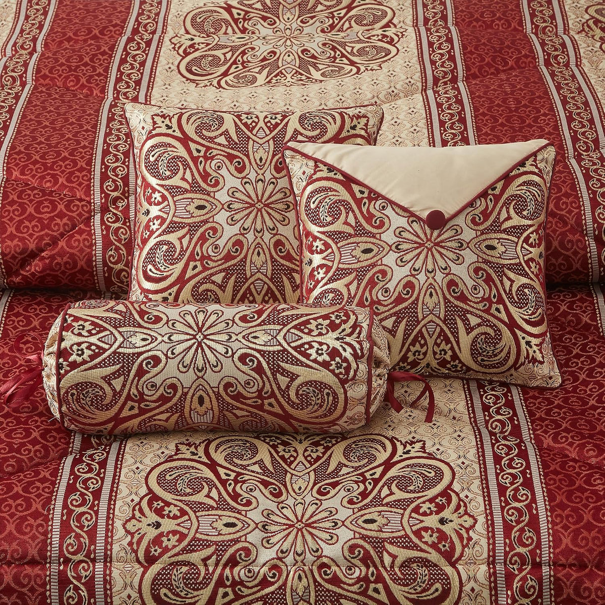 LANCO MODERN LIFESTYLE King Comforter Set, Wine Gold Medallion Jacquard Design, Luxurious Bohemian 9 Pieces Bedding Set with Curtains, Decorative Pillows and Bed Skirt