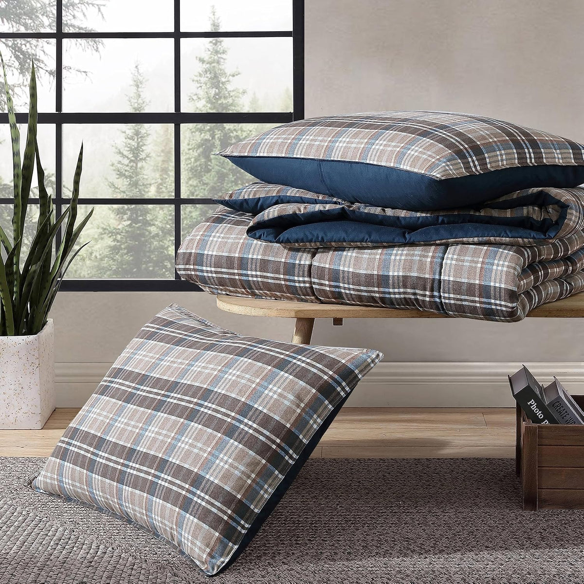 Eddie Bauer- Twin Comforter Set, Reversible Microsuede Bedding with Matching Sham(s), Casual Luxurious Bedding Set (Rugged Plaid Brown, Twin)