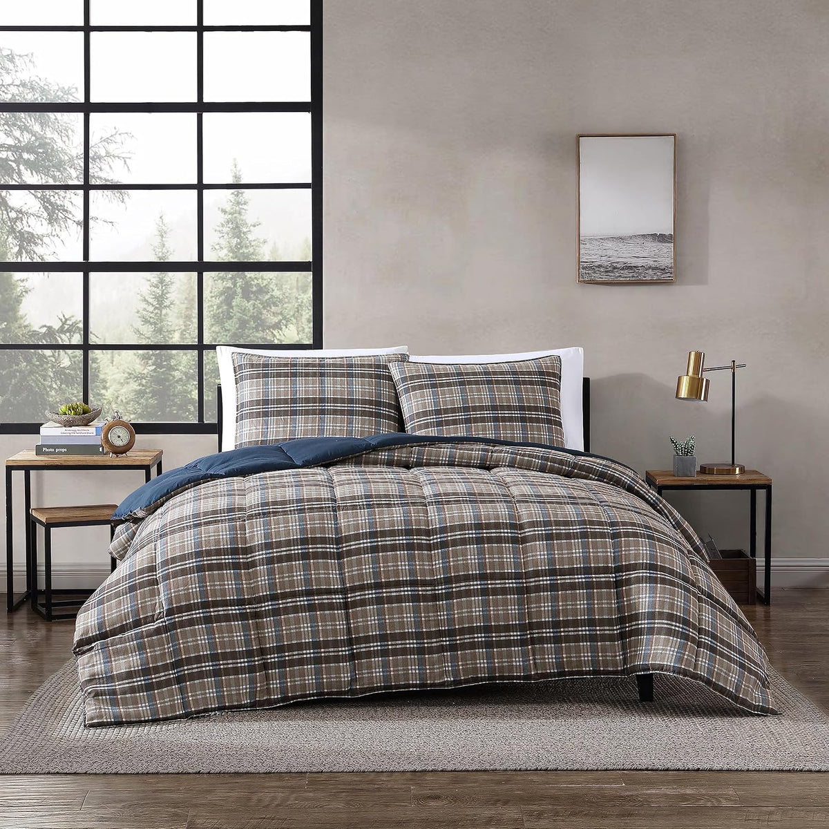 Eddie Bauer- Twin Comforter Set, Reversible Microsuede Bedding with Matching Sham(s), Casual Luxurious Bedding Set (Rugged Plaid Brown, Twin)