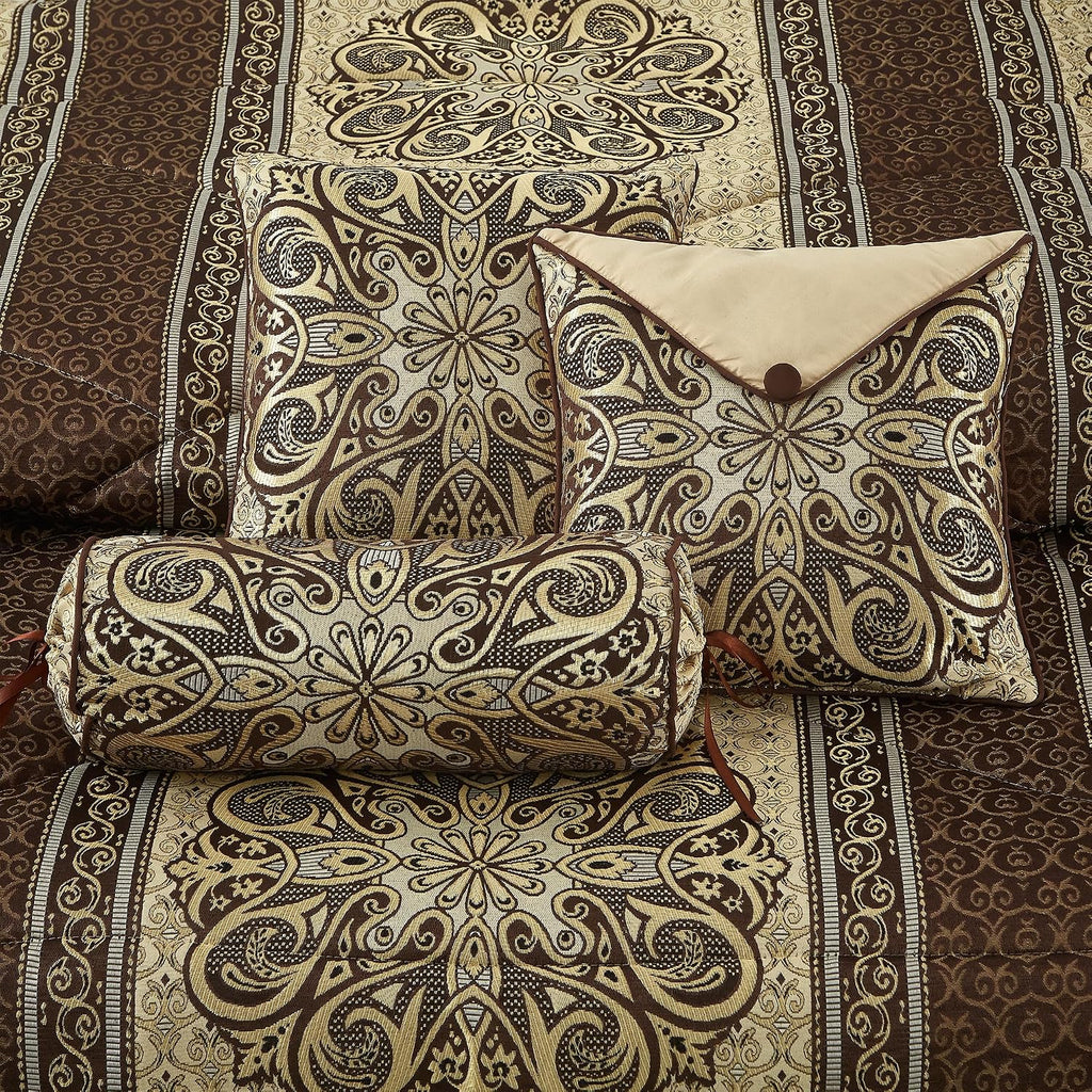 LANCO MODERN LIFESTYLE King Size Comforter Set, Brown Medallion Jacquard Design, Luxurious Bohemian 7 Pieces Bedding Set with Decorative Pillows and Bed Skirt