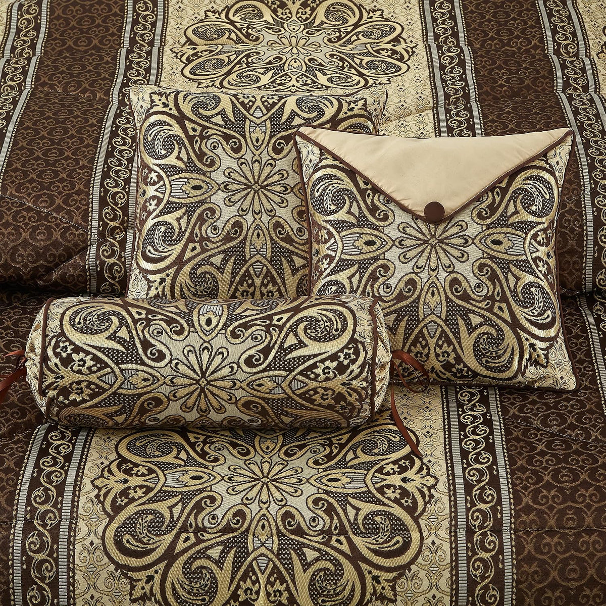 LANCO MODERN LIFESTYLE King Size Comforter Set, Brown Medallion Jacquard Design, Luxurious Bohemian 7 Pieces Bedding Set with Decorative Pillows and Bed Skirt